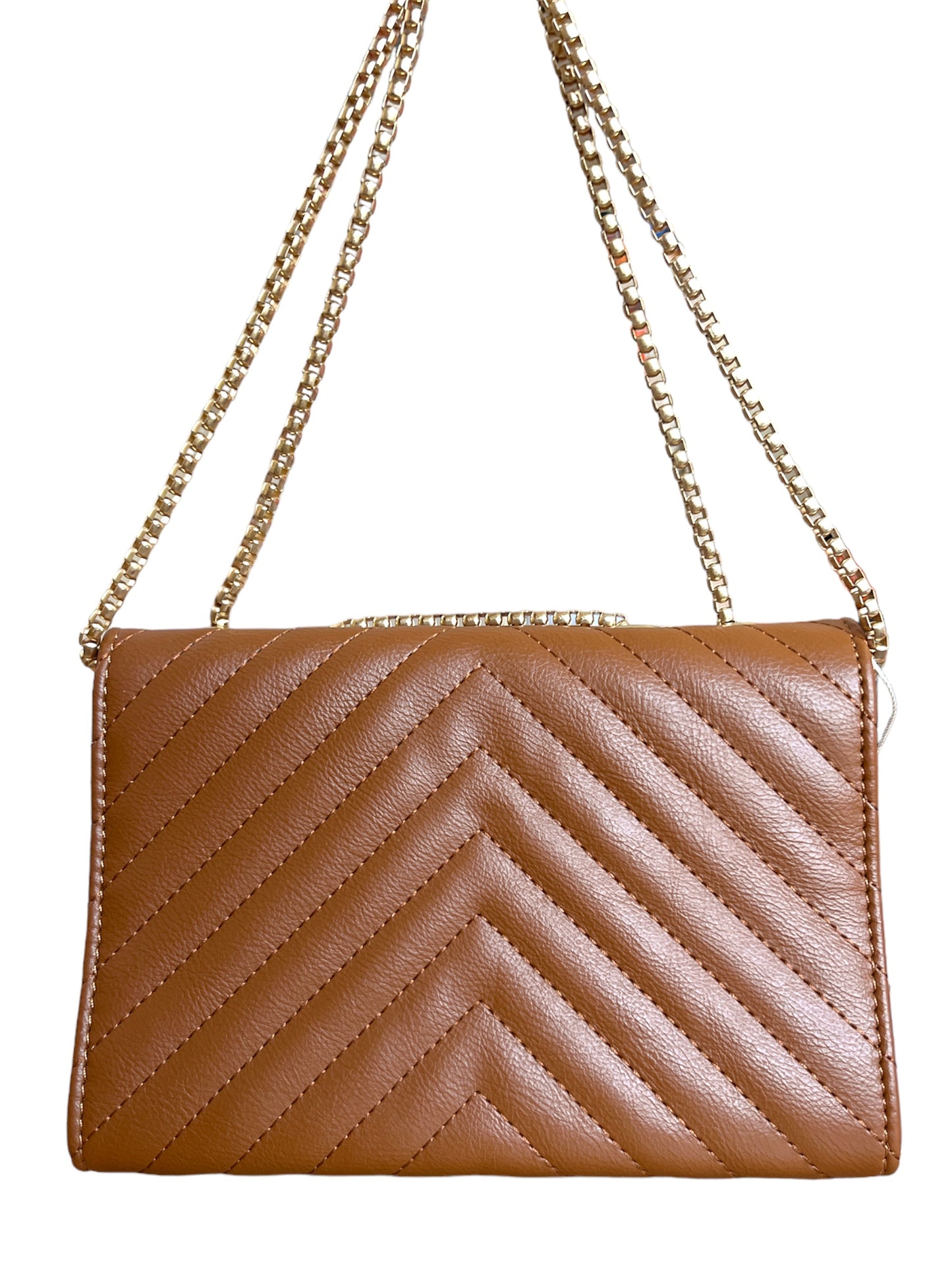 LADIES FASHION : BROWN SYNTHETIC LEATHER SATCHEL BAG WITH GOLD CHARMING CHAIN