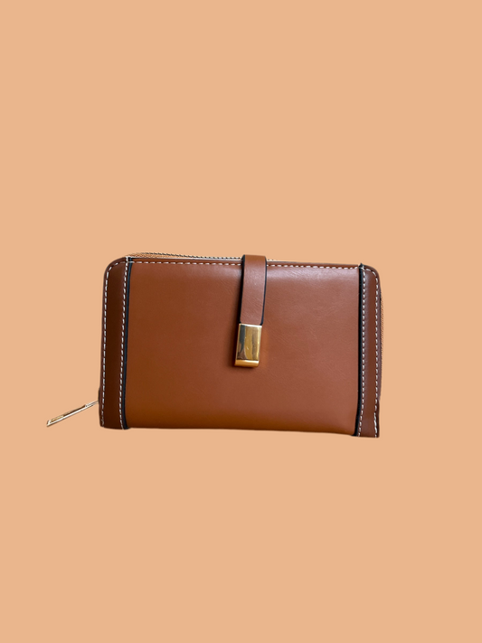 LADIES FASHION : BROWN SILK DETAIL ZIP AROUND WALLET